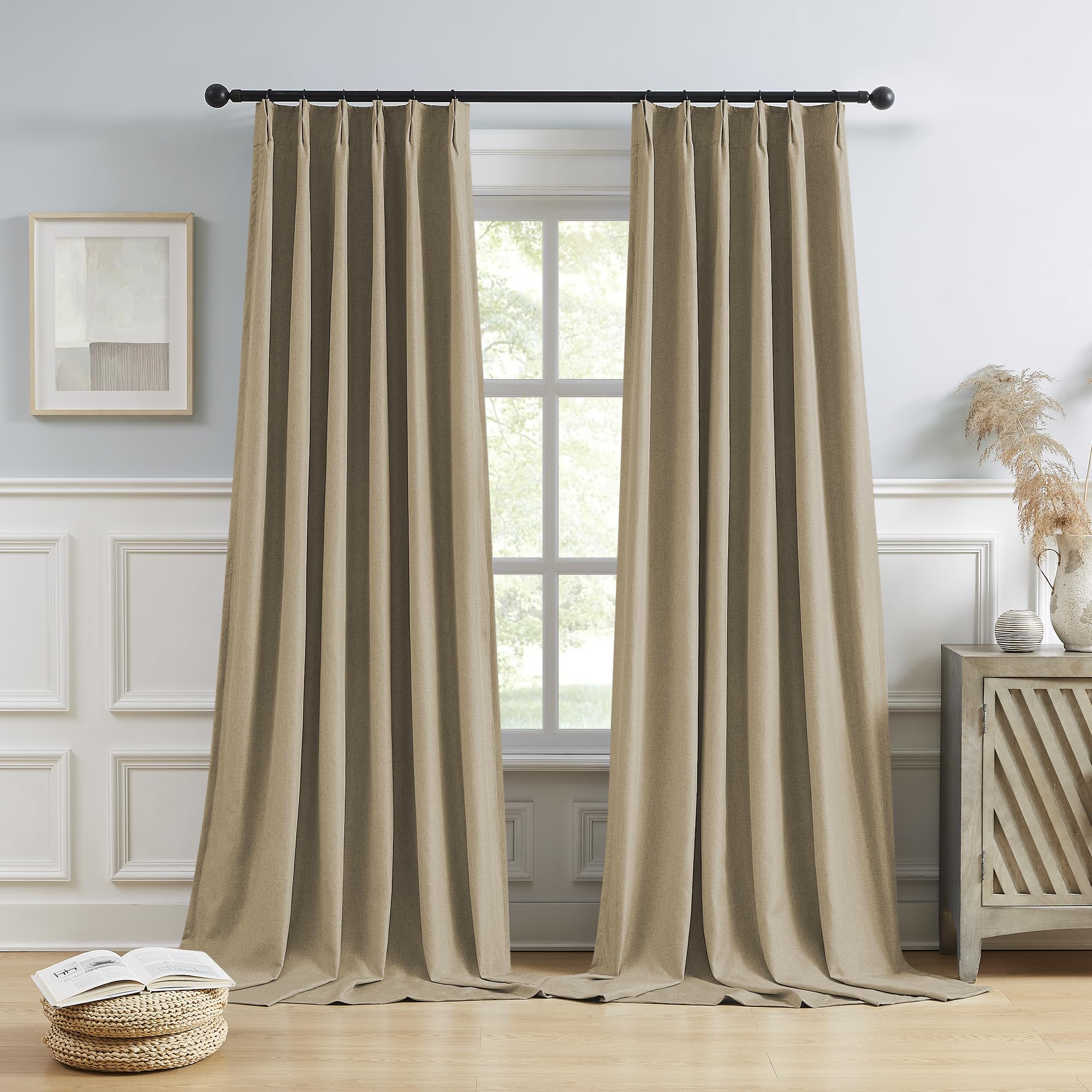 Dualife Taupe Blackout Pinch Pleated Curtains For Bedroom 132 Inch Length, Linen Blended Farmhouse 100% Blackout Thermal Insulat