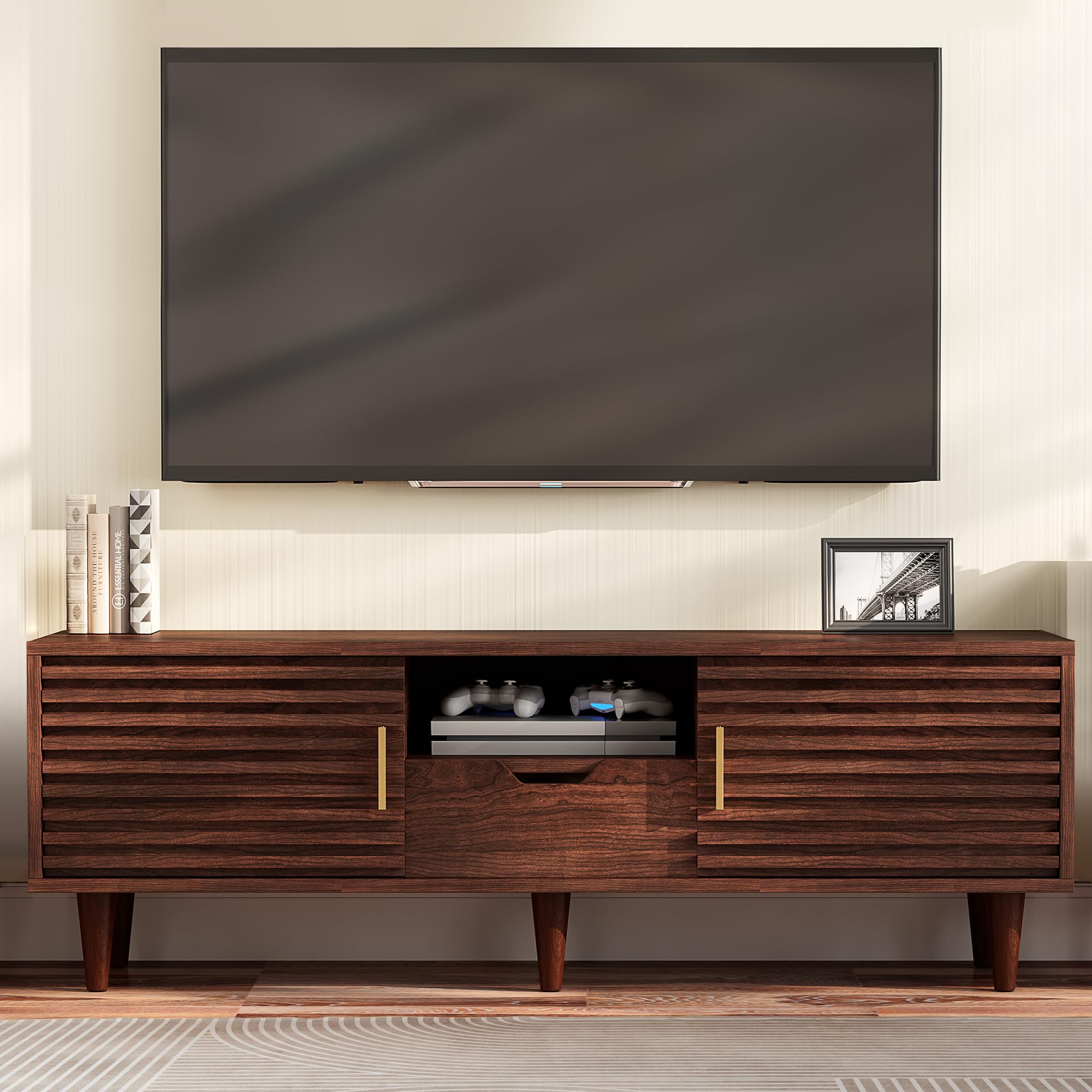 Whalefall Mid Century Tv Stand For 65+ Inch Tv, Entertainment Center With Sliding Door, Drawer, Storage Shelves, Mid Century Modern Media Tv Console, Boho Television Stand For Living Room (59',Brown)