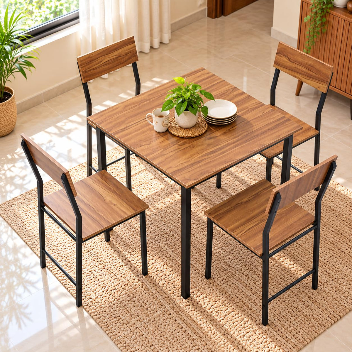4 Seater Dining Table Set With Chairs | Small Square Wooden Dinner Table With Metal Frame | Compact Kitchen & Dining Room Furnit