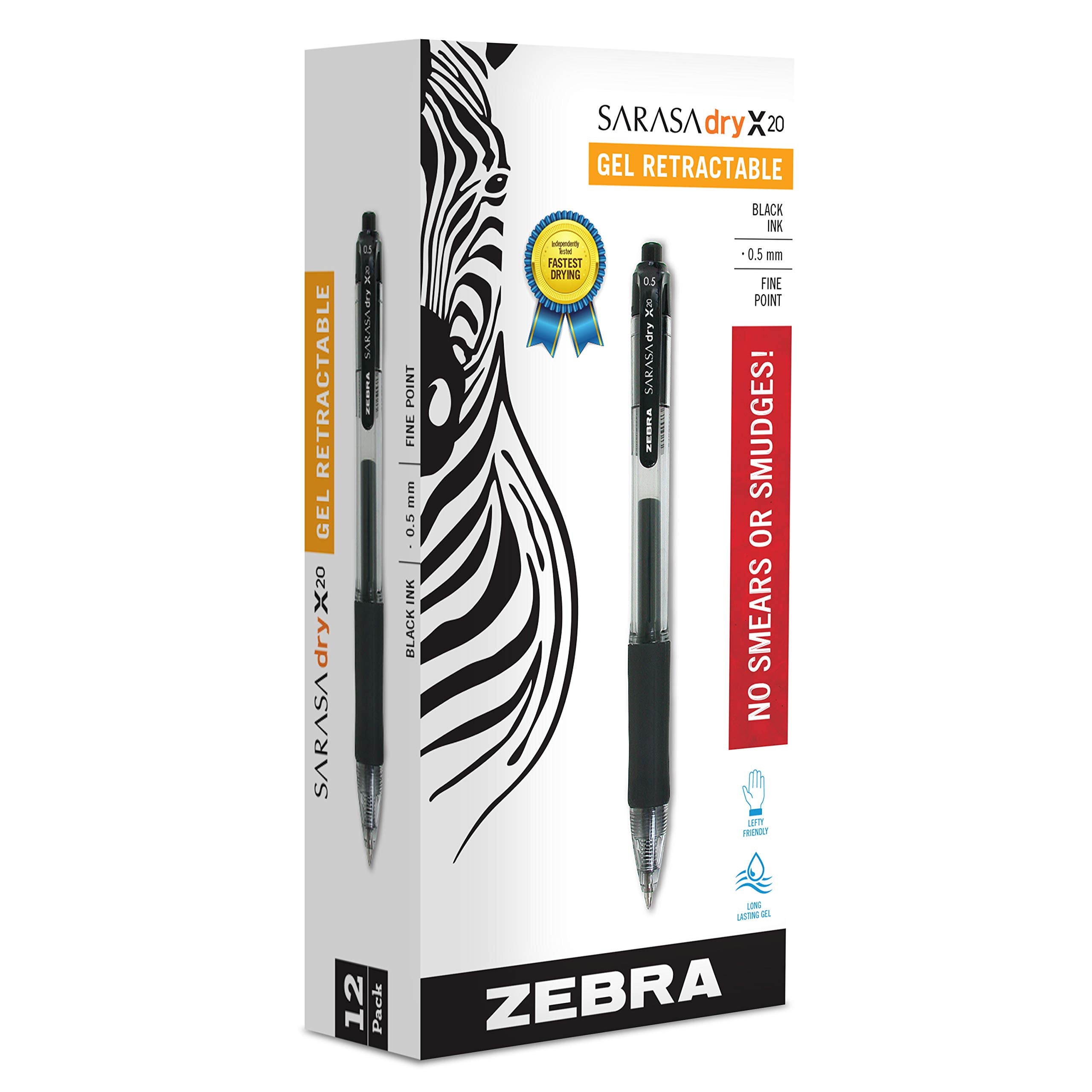 Zebra Pen Sarasa Dry X20 Retractable Gel Pen, Fine Point, 0.5Mm, Black Ink, (Pack Of 6, 72 Count Total)