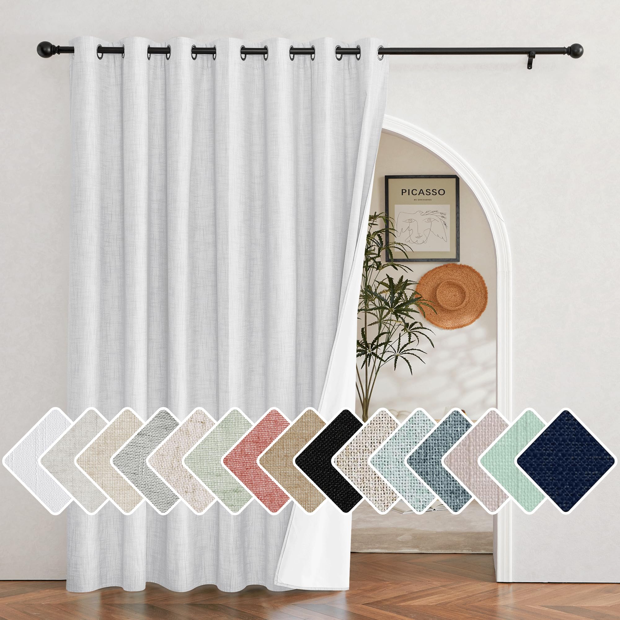 NICETOWN White 100% Blackout Linen Insulated Patio Curtain 84 inch Long Burg, Farmhouse Thick Completely Blackout Window Treatme
