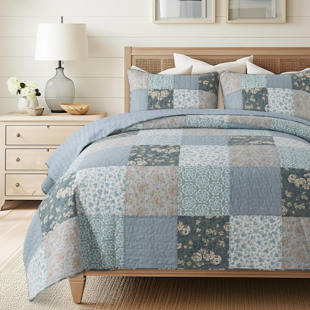 Slpr Wildflowers Cotton Quilt Set - King Size With 2 Shams, Blue Gray Floral Pieced Patchwork Design, Country Quilted Bedspread