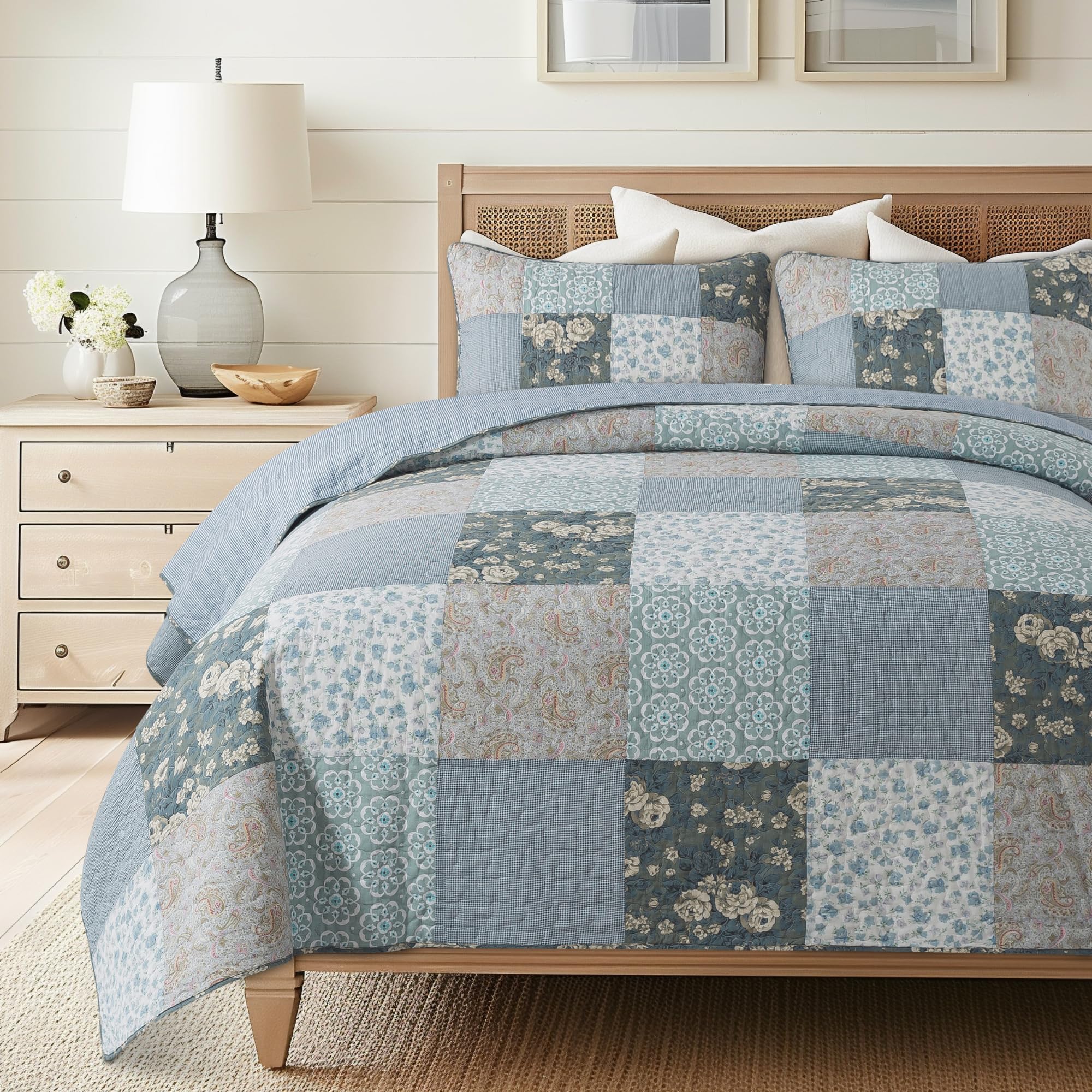 Slpr Wildflowers Cotton Quilt Set - King Size With 2 Shams, Blue Gray Floral Pieced Patchwork Design, Country Quilted Bedspread