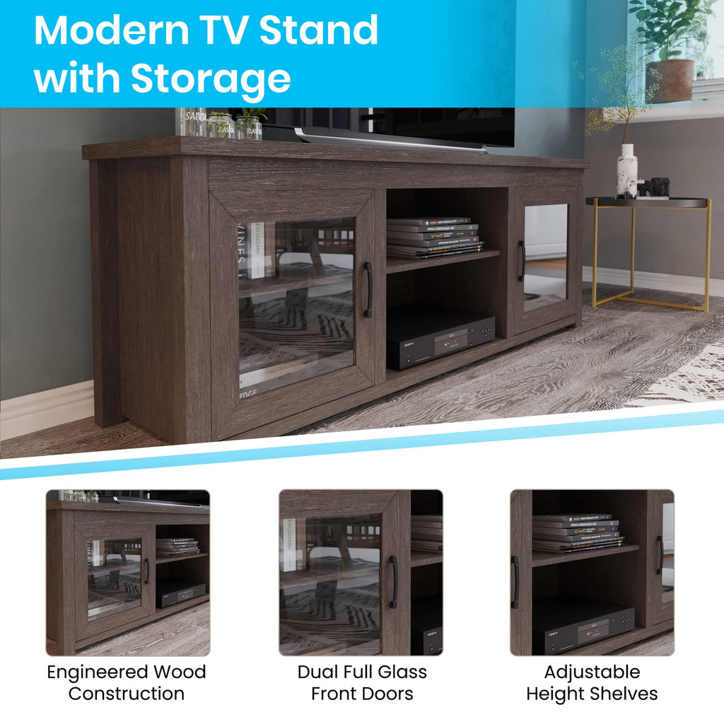 Flash Furniture Sheffield TV Stand up to 80" TVs - Modern Black Wash Finish & Full Glass Doors - 65" Engineered Wood Frame - 3 Height Adjustable Shelves