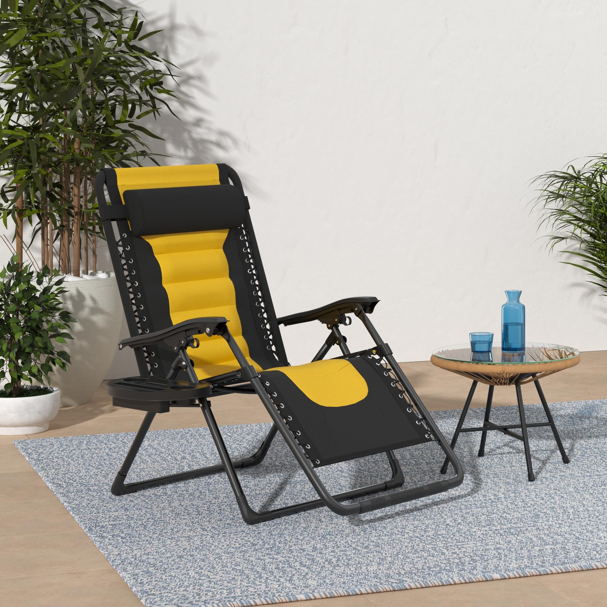 Best Choice Products Oversized Padded Zero Gravity Chair, Folding Outdoor Patio Recliner, Xl Anti Gravity Lounger For Backyard W/Headrest, Cup Holder, Side Tray, Polyester Mesh - Black/Yellow