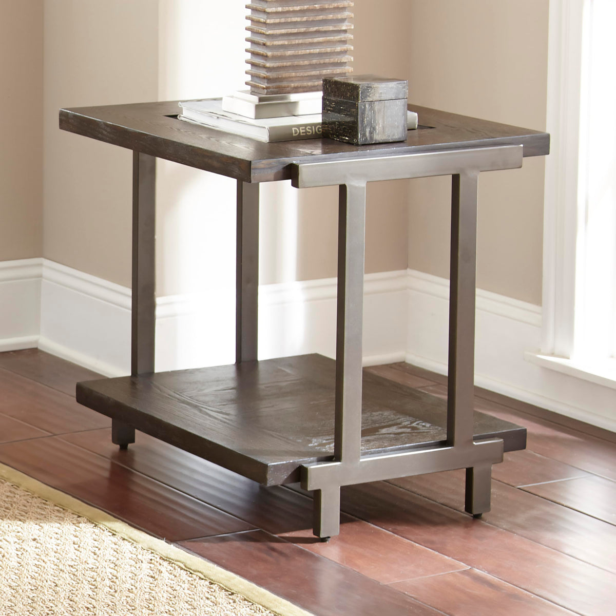 Steve Silver Furniture Terrell End Table, Rustic Industrial Design, Tempered Glass, Wood Top, Iron Frame, Smoky Brown Finish, for Living Room, Home Office, 24" L x 24" W x 24" H, Brown