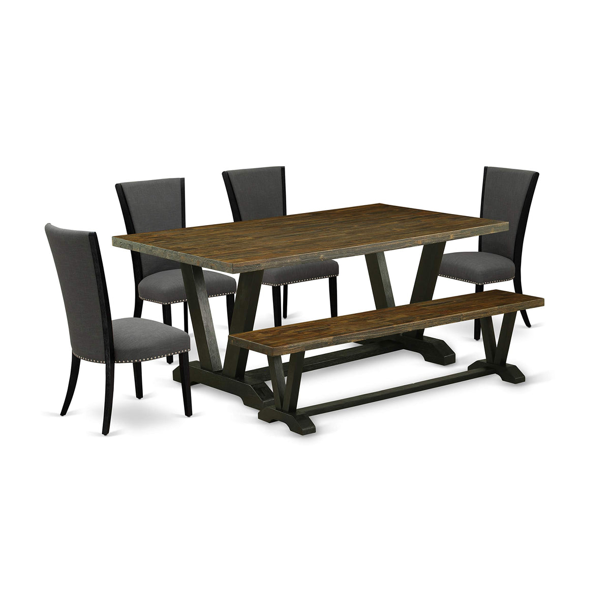 East West Furniture V677VE650-6 6 Piece Dining Set Contains a Rectangle Kitchen Table with V-Legs and 4 Dark Gotham Linen Fabric Parson Chairs with a Bench, 40x72 Inch