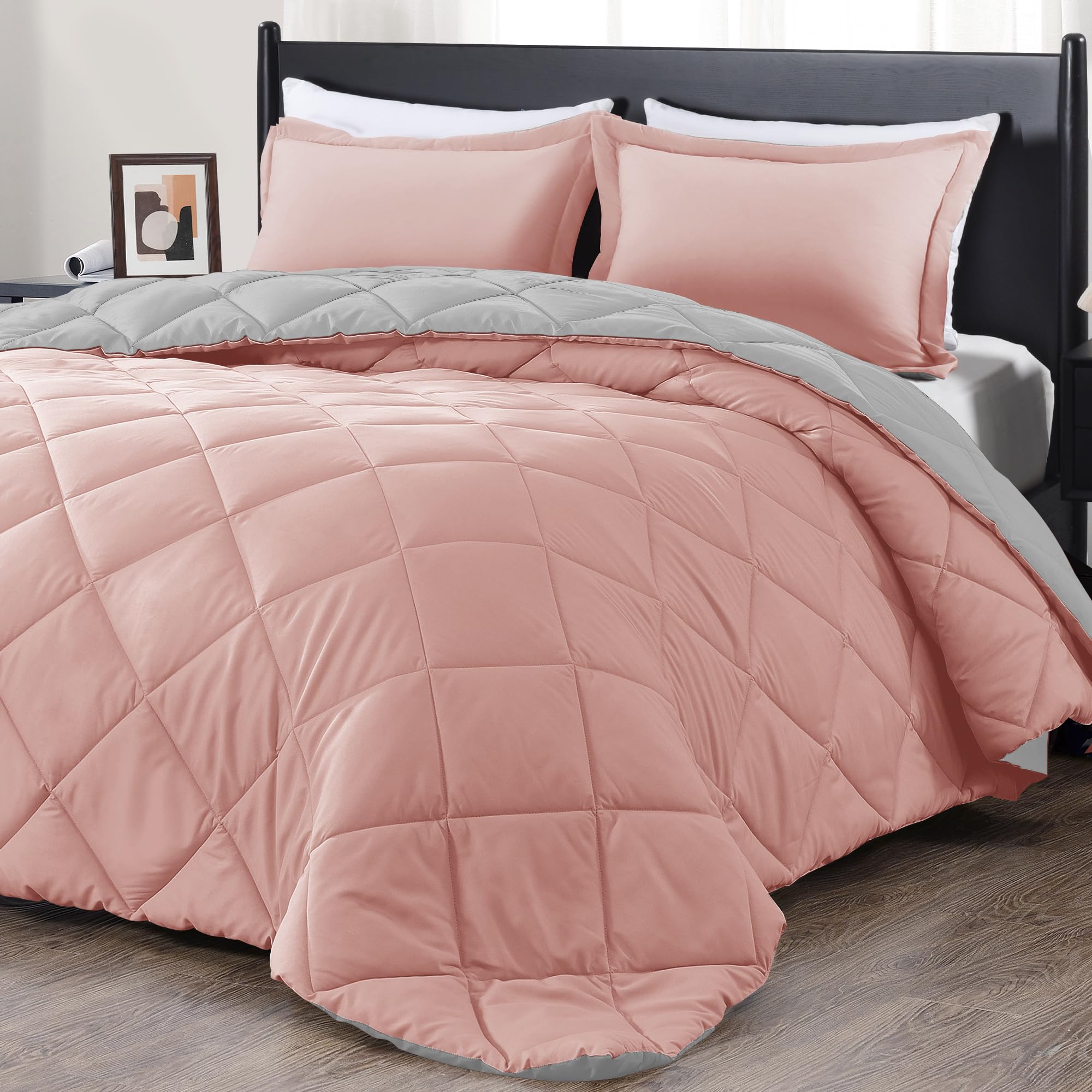 Downluxe King Size Comforter Set - Pink And Grey King Comforter, Soft Bedding Sets For All Seasons -3 Pieces - 1 Comforter (104'
