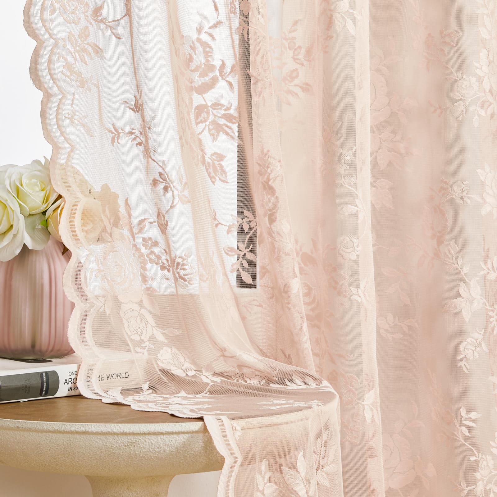SEEKRIGHT Blush Pink Lace Curtains 63 Inch Length 2 Panels set Victorian Floral Sheer Curtains for Living Room Bedroom Girls Roo