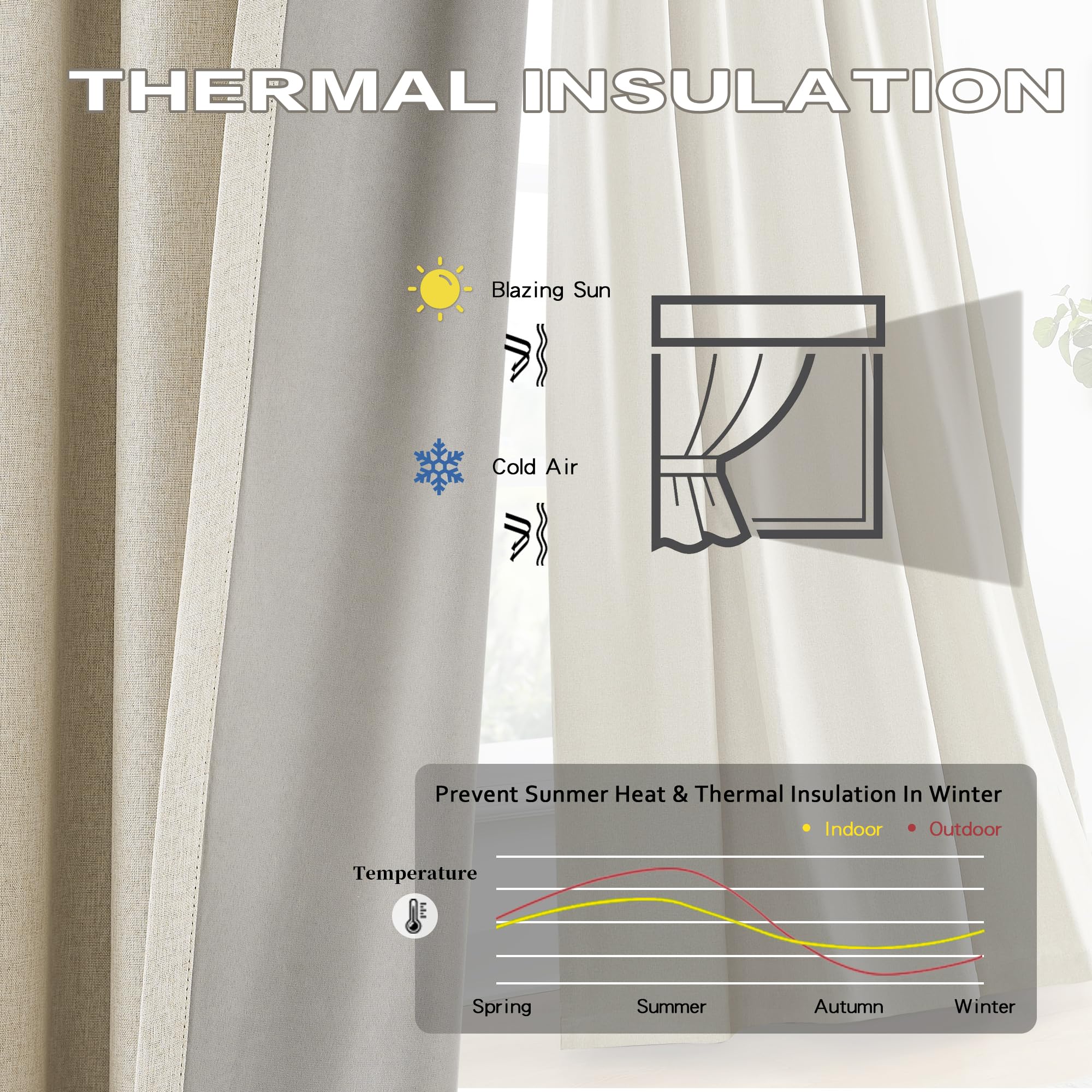 Dualife Natural Birch Pinch Pleated Blackout Curtains 108 Inches Long 9 Ft Length 2 Panels Set, Back Tab With Hooks,Ceiling Sun