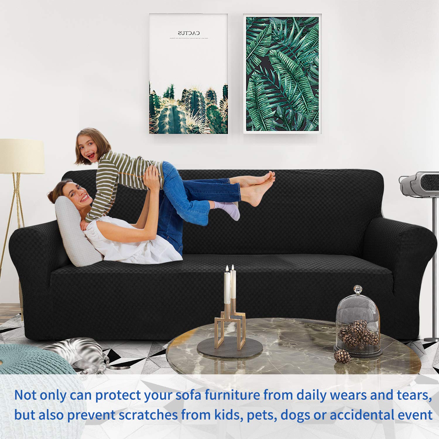 Znsayotx 1 Piece Jacquard Couch Covers For 3 Cushion Couch Living Room High Stretch Sofa Cover Pets Dogs Friendly Anti Slip Thickened Slipcovers Furniture Protector (Sofa, Black)