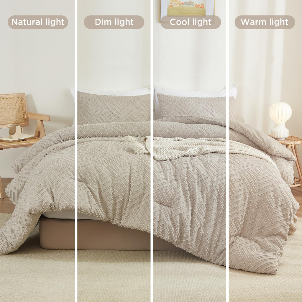 Litanika Oatmeal King Size Comforter Set, 3 Pieces Tufted Boho Farmhouse Bedding Comforter Sets, Lightweight Fluffy Comforter Be