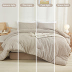 Litanika Oatmeal King Size Comforter Set, 3 Pieces Tufted Boho Farmhouse Bedding Comforter Sets, Lightweight Fluffy Comforter Be