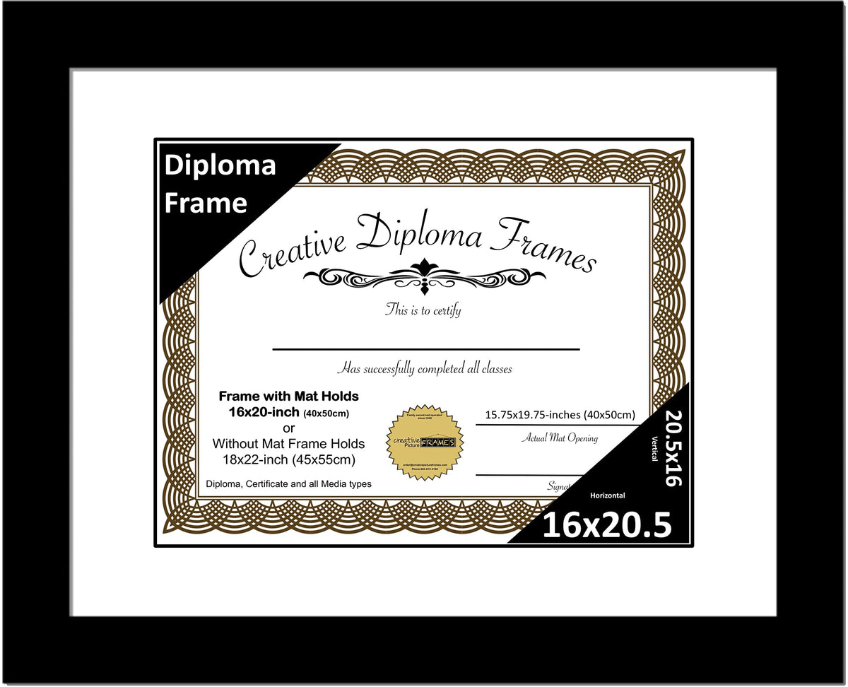 Creative Picture Frames 16x20.5 Classic Black Diploma Frame with White Mat Glass Easel and Installed Wall Hangers | Frame Holds 