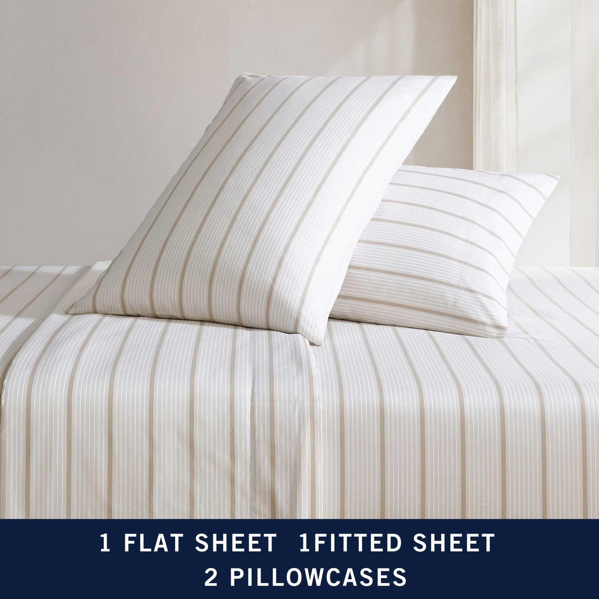Nautica - Twin Sheets, Premium Cotton Percale Bedding Set, Striped Bedding Set, Oeko-Tex Certified (Merrick Stripe Beige, Twin)