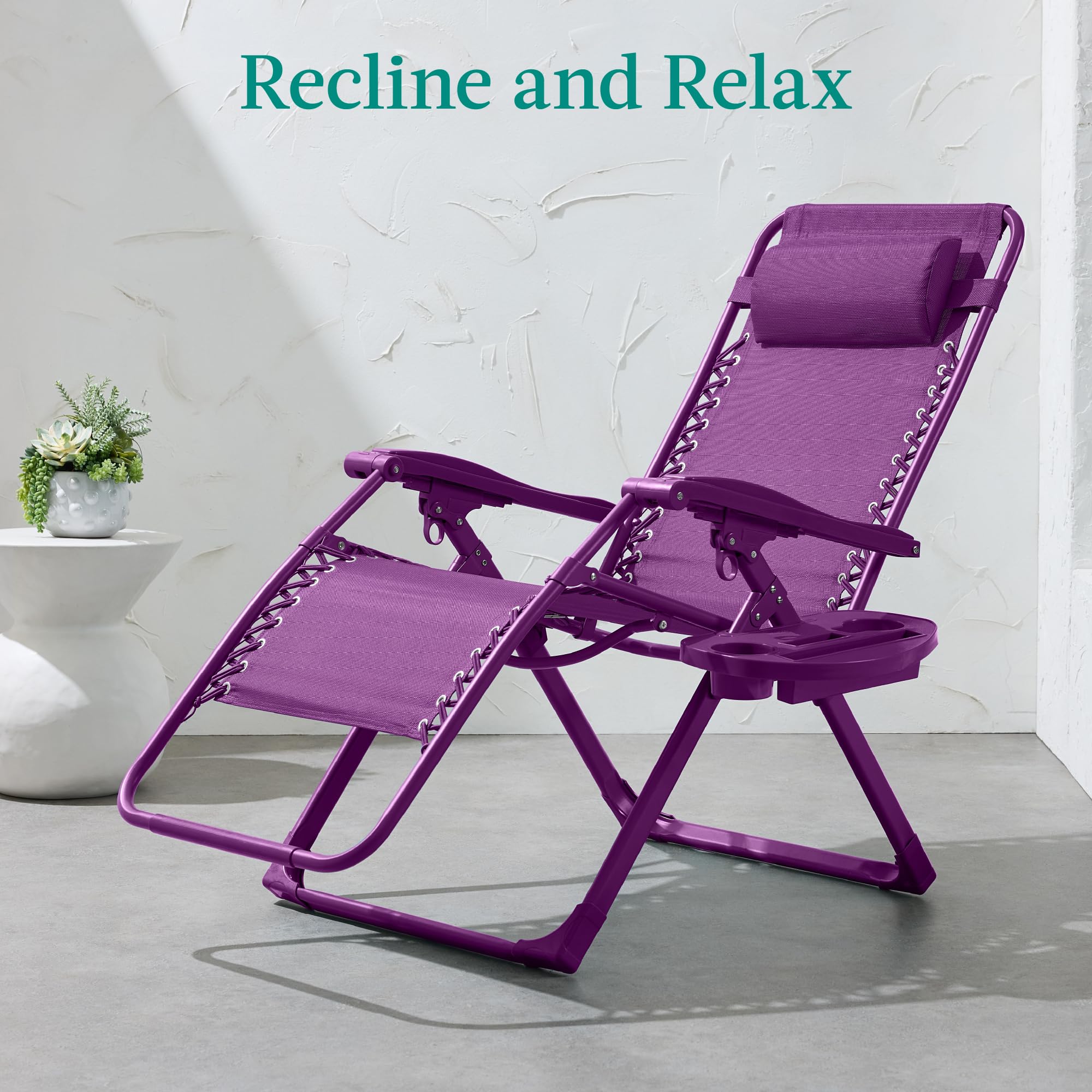 Best Choice Products Adjustable Zero Gravity Chair, Monochromatic Color Folding Patio Recliner W/Side Tray, Headrest - Amethyst