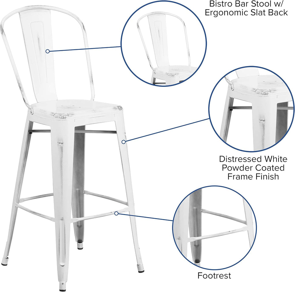 Commercial Grade 30 High Distressed White Metal Indoor-Outdoor Barstool with Back