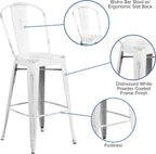 Commercial Grade 30 High Distressed White Metal Indoor-Outdoor Barstool with Back