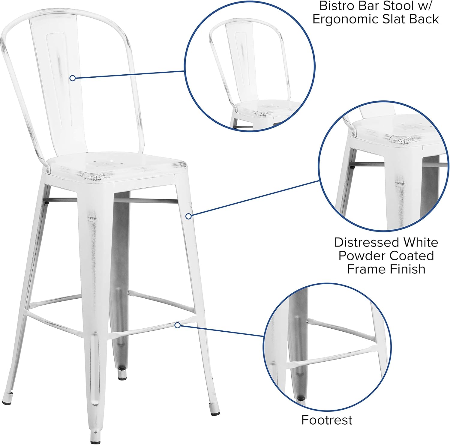 Commercial Grade 30 High Distressed White Metal Indoor-Outdoor Barstool with Back