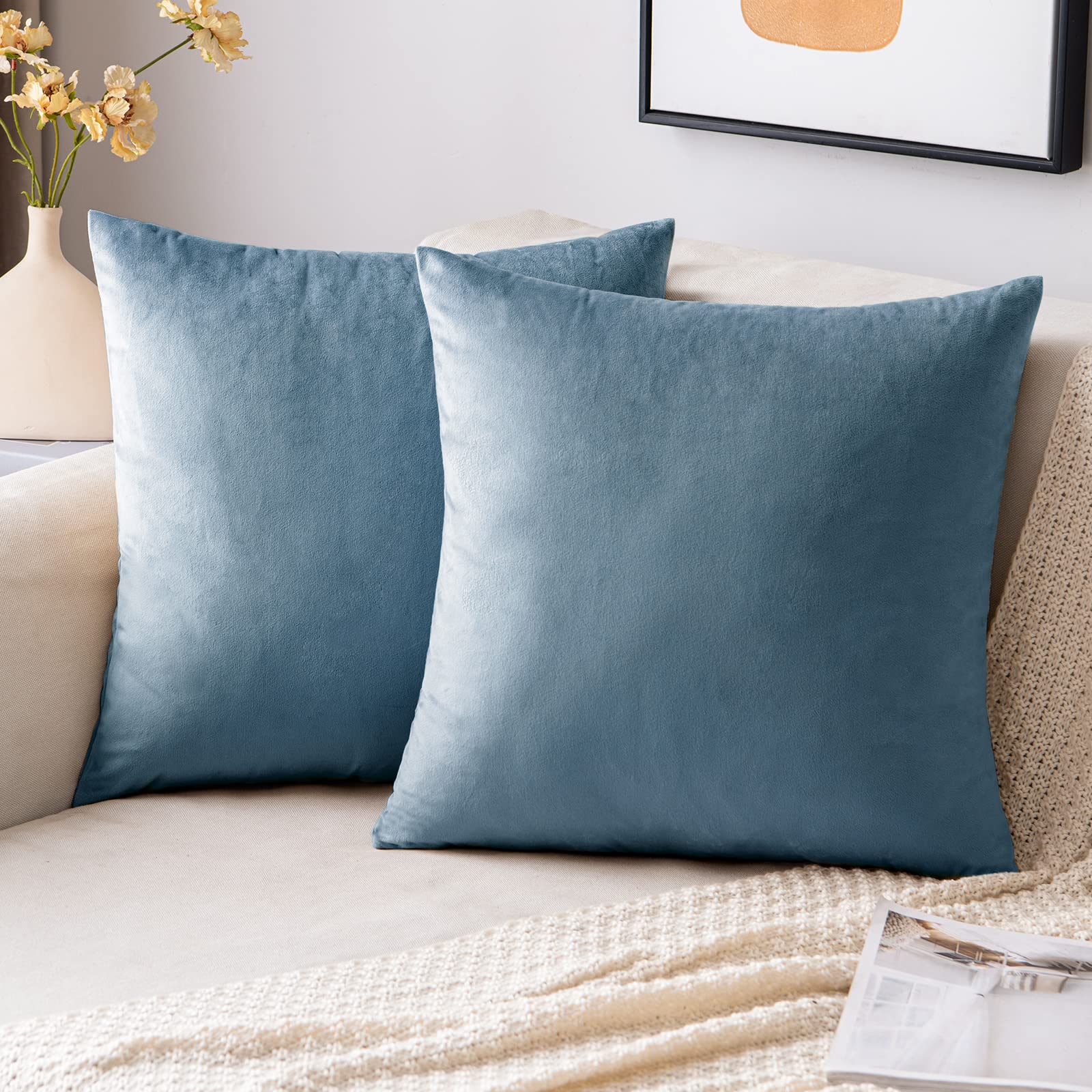 EMEMA Pack of 2 Velvet Pillow Covers Decorative Square Pillowcase Soft Solid Cushion Case for Sofa Bedroom Car 16x16 Inch Light 
