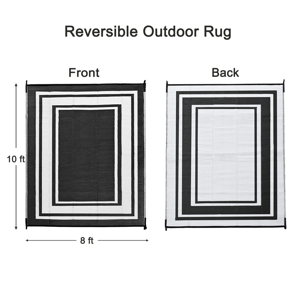 Rurality Outdoor Rugs 8X10 Waterproof For Patios Clearance,Plastic Straw Mats For Backyard,Porch,Deck,Balcony,Reversible,Black And White
