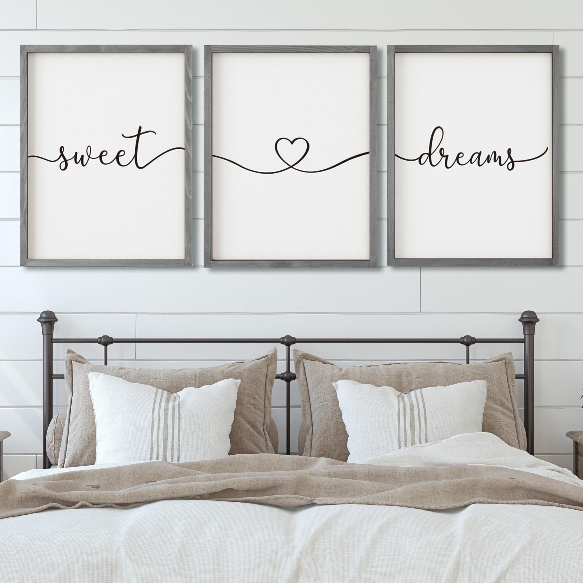 Set of 3 Framed Farmhouse Sweet Dreams Sign 11x14    Above Bed Wall Decor for Bedroom Decor Wall Art Wood Signs (11x14, Gray)