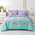 Dhsfkbe Queen Comforter Set, 7 Piece Bed In A Bag, Boho Aqua And Lilac Damask Medallion Print Comforter With Sheets, Soft Microf