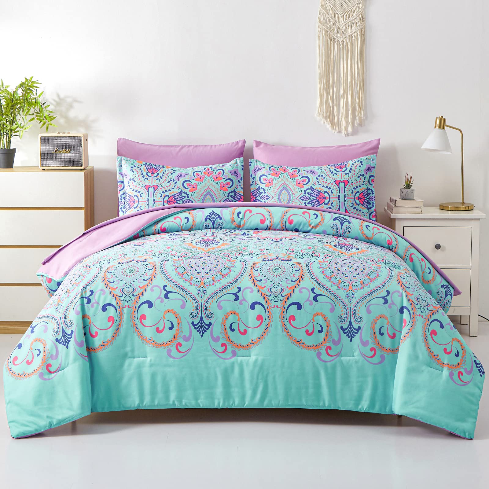 Dhsfkbe Queen Comforter Set, 7 Piece Bed In A Bag, Boho Aqua And Lilac Damask Medallion Print Comforter With Sheets, Soft Microf