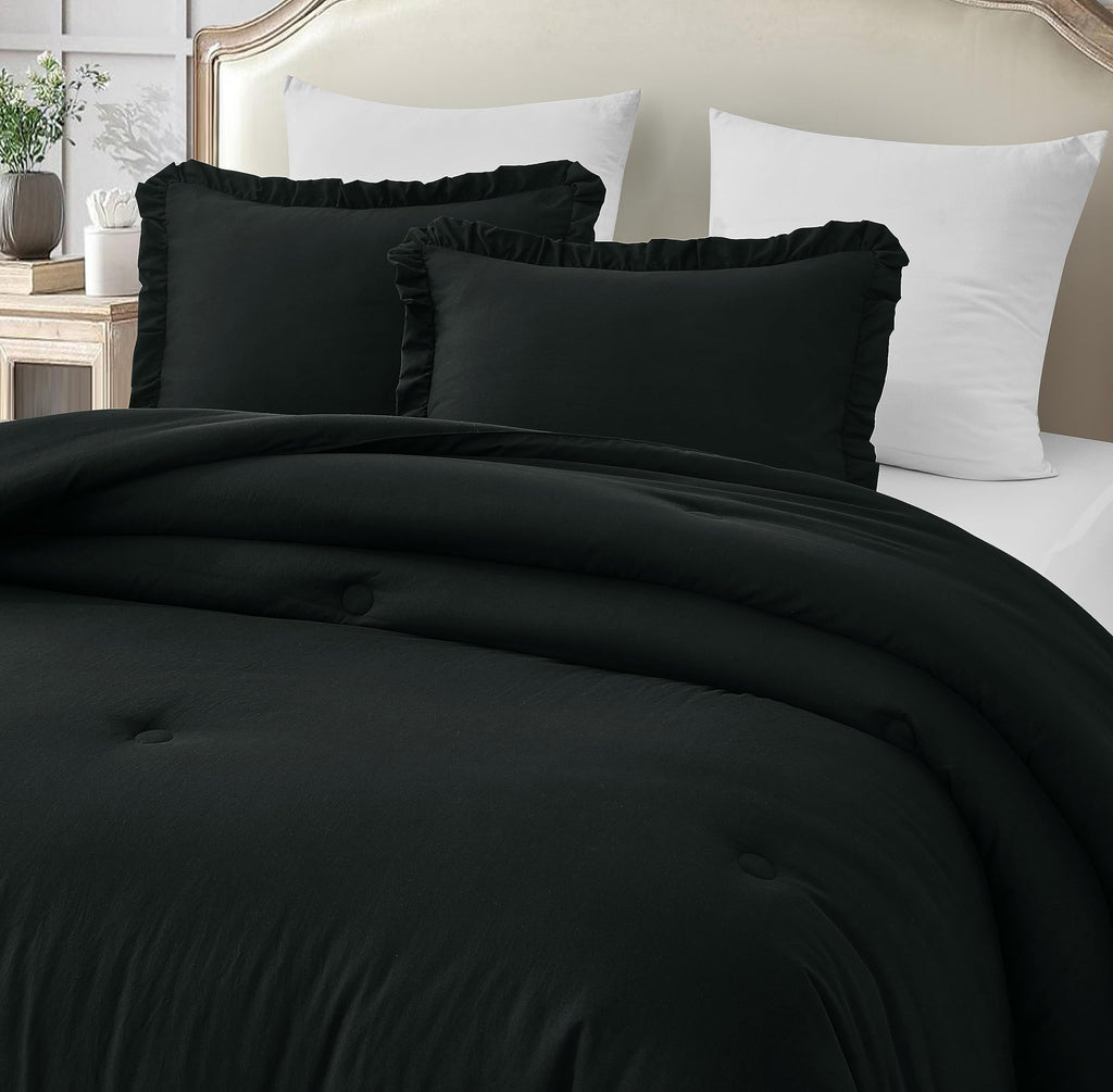 Chezmoi Collection Nora Black Comforter Set Oversized Queen Size 3-Piece Fluffy Soft Lightweight Bedding Ruffled Edge Trim Stone