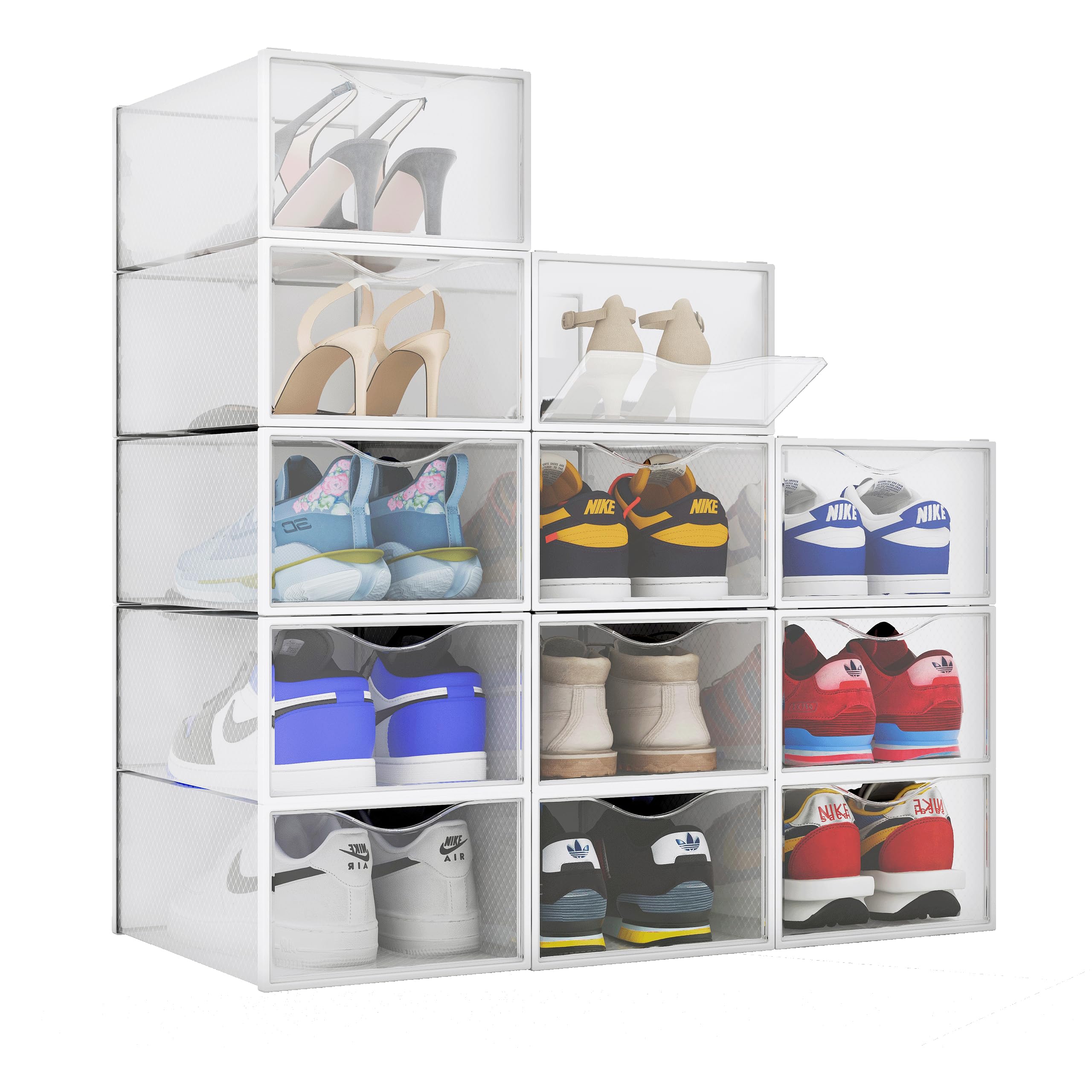 Bino 12Pack Plastic Stackable Shoe Box Set  Clear | Foldable Shoe Storage Container | Sneaker Container Shoe Bins | Shoe Rack 