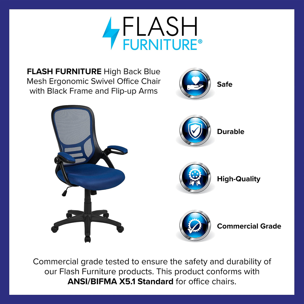 Flash Furniture Porter High-Back Swivel Office Chair with Adjustable Lumbar Support and Seat Height, Ergonomic Mesh Desk Chair with Flip-Up Armrests, Blue/Black