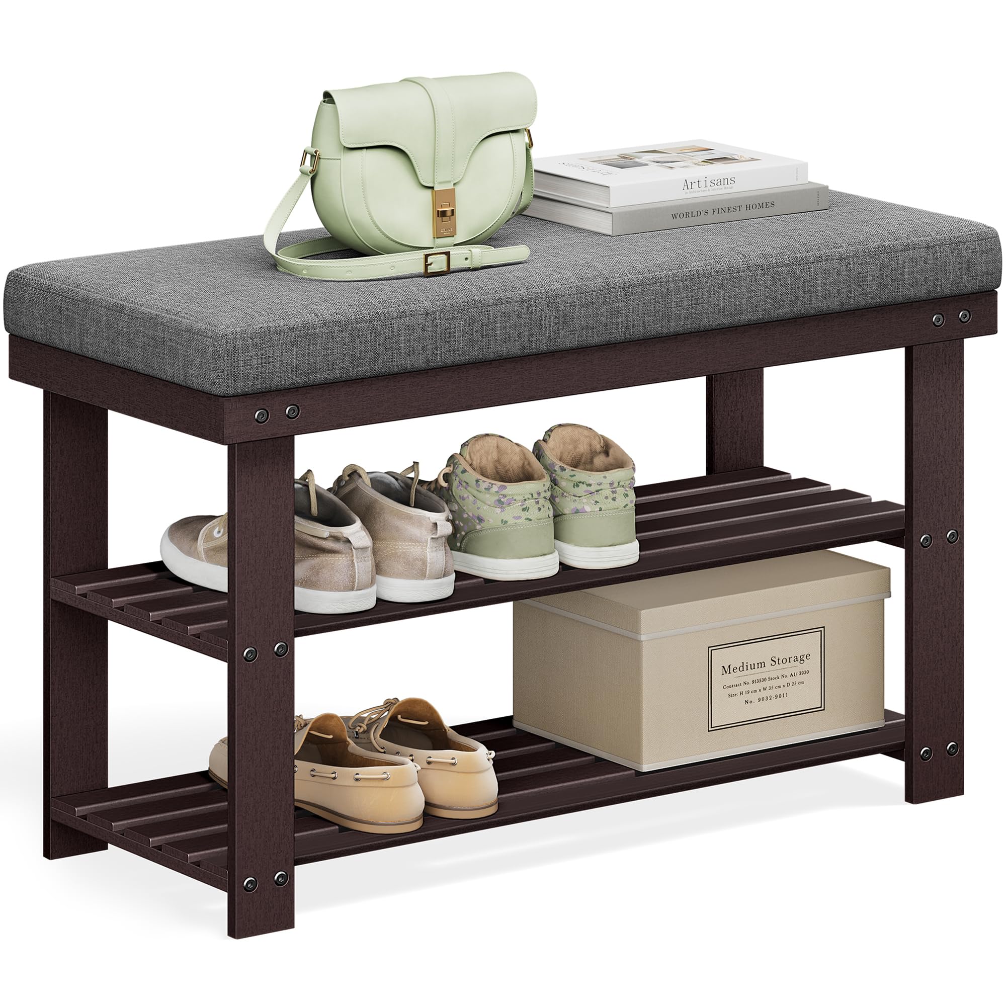 SONGMICS Bamboo Shoe Bench, 3-Tier Shoe Rack Organizer for Entryway, Living Room, Bench Seat Holds Up to 300 lb, 11.9 x 28.3 x 1