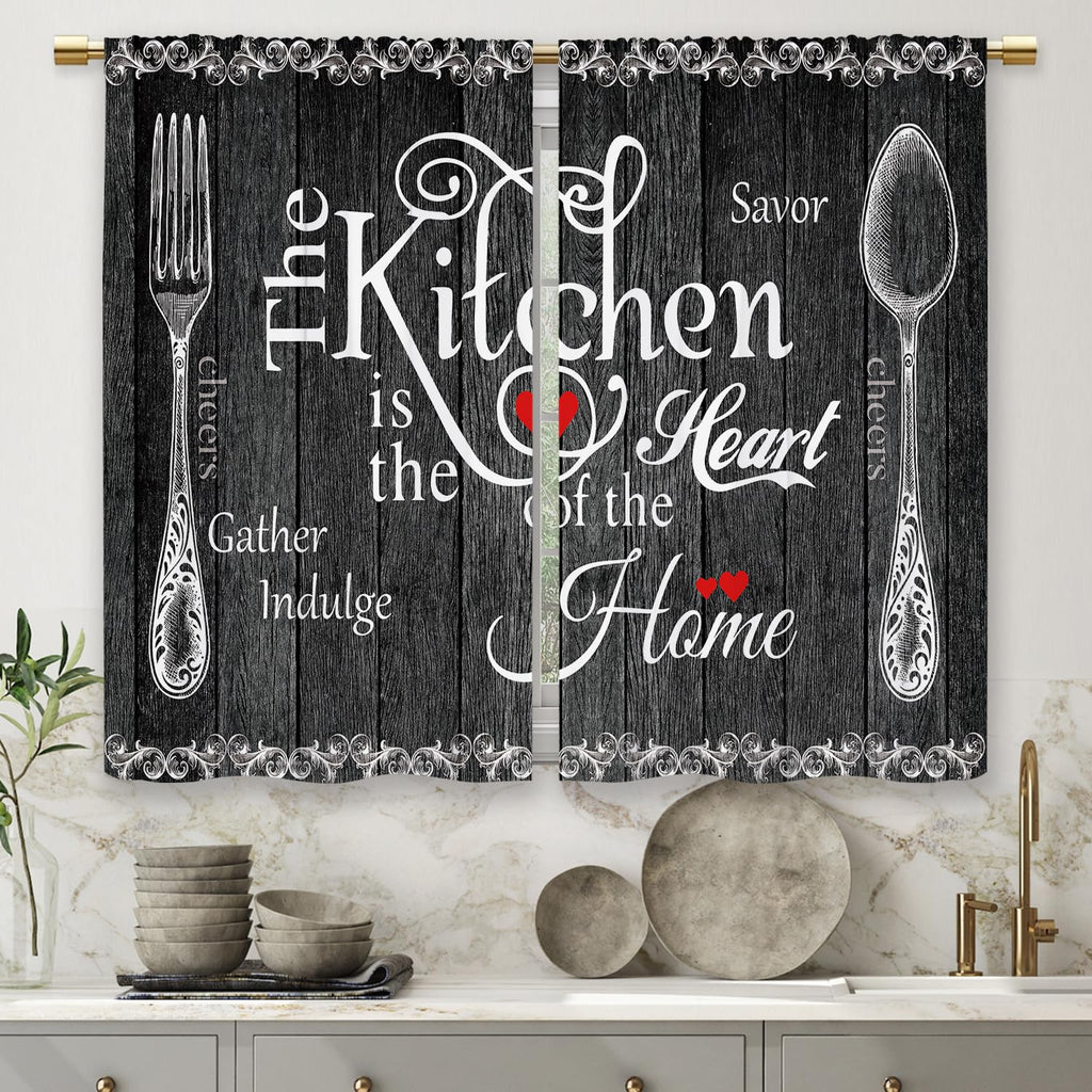 Laifzere Black Farmhouse Rustic Kitchen Curtains Wooden Wood Small Short Cafe Window Curtains Vintage Fork Spoon Retro Barn Bath