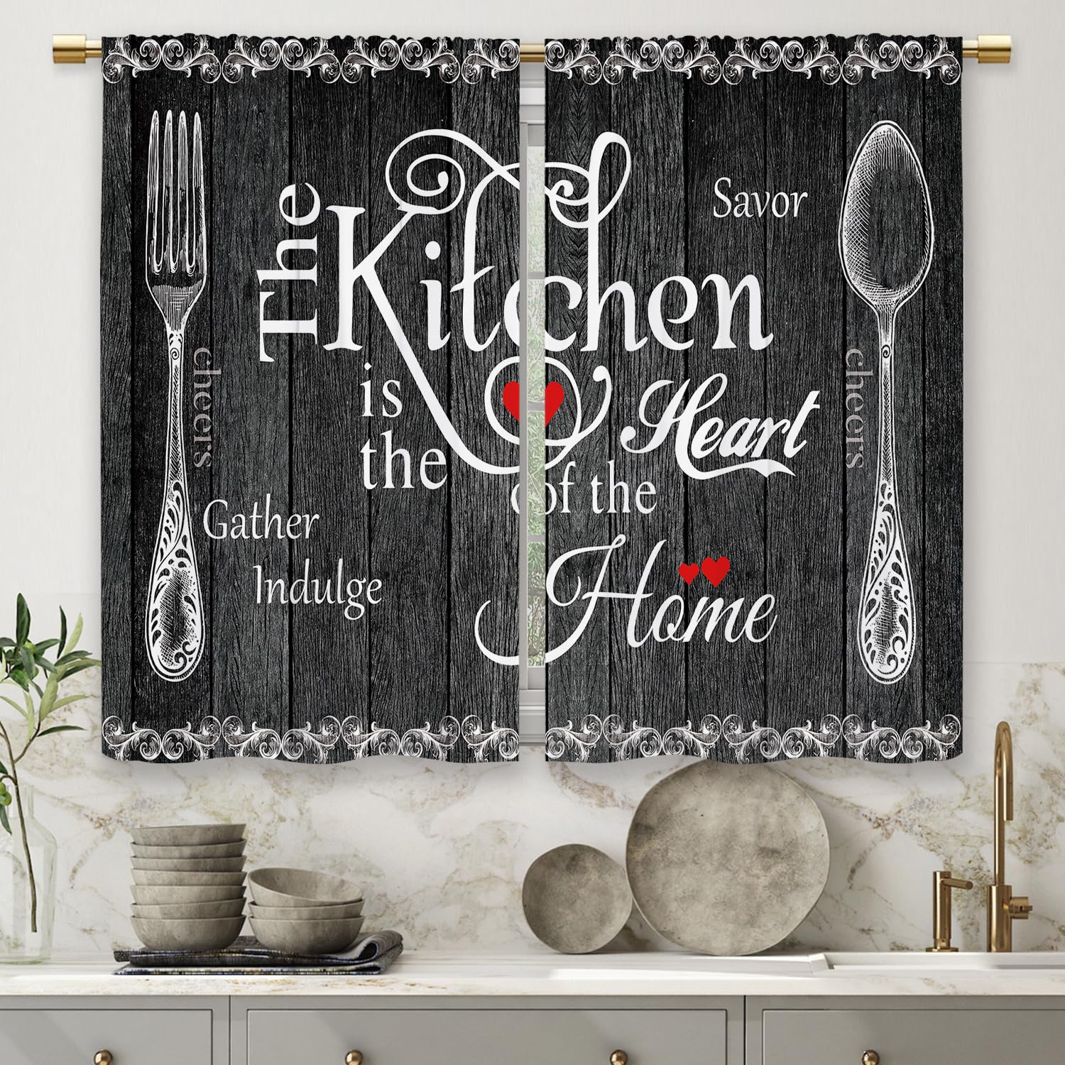 Laifzere Black Farmhouse Rustic Kitchen Curtains Wooden Wood Small Short Cafe Window Curtains Vintage Fork Spoon Retro Barn Bath