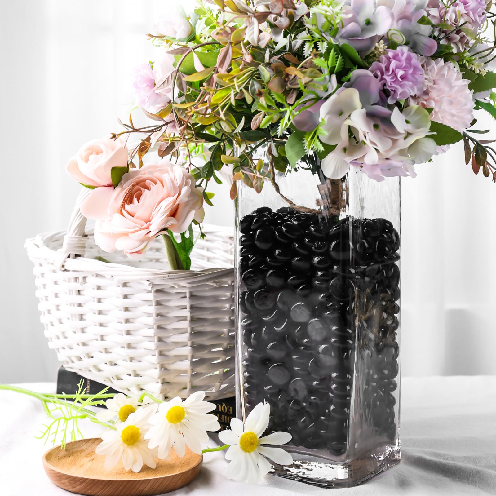 Domestar 2Lb Black Flat Glass Marbles, Decorative Marbles For Vases Aquarium Pebbles Fish Tank Rocks Vase Fillers Diy Crafts Tab