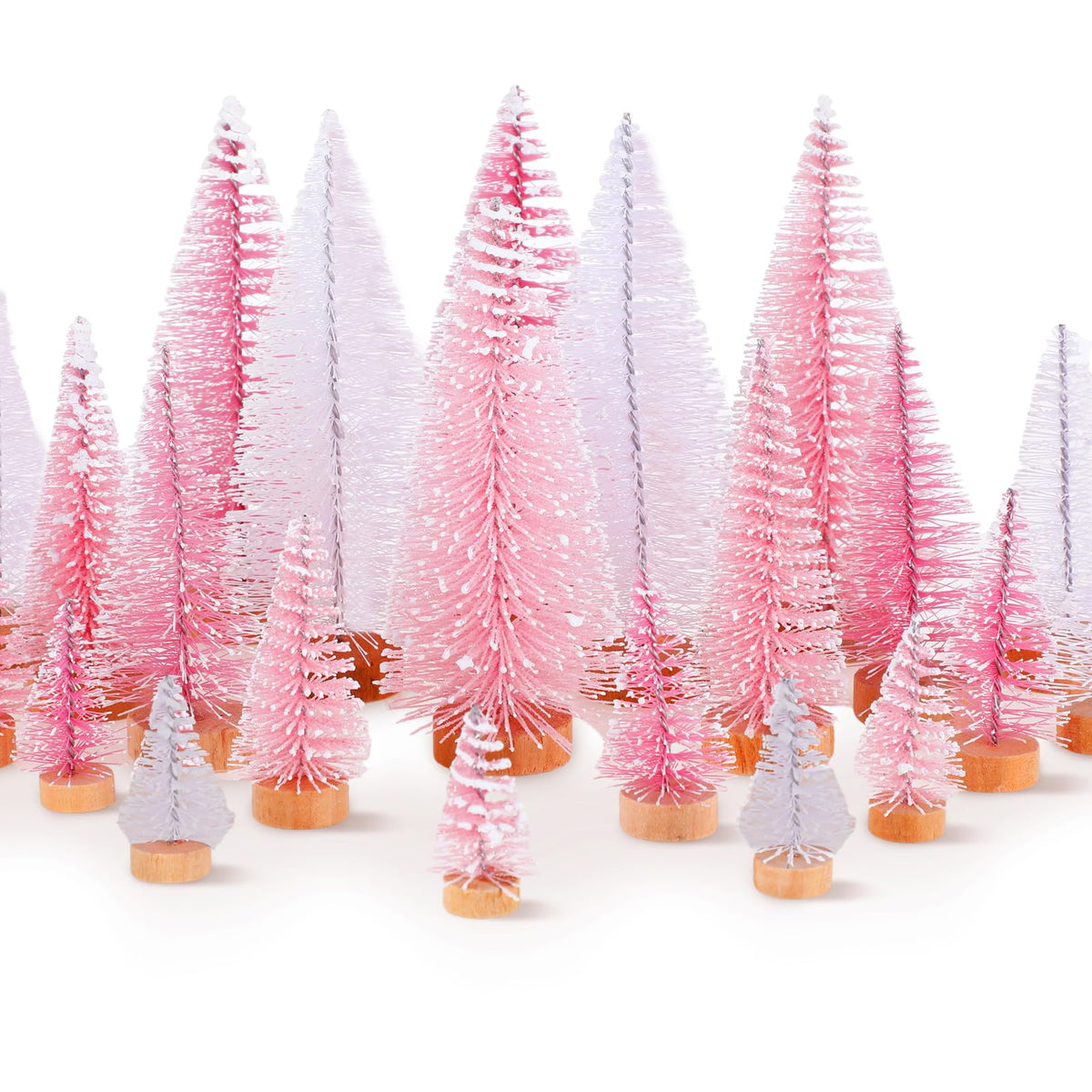 Leyndo 24 Pcs Pink Artificial Mini Christmas Tree Xmas Sisal Bottle Brush Trees with Wood Base Christmas Decor for Xmas Party Ta