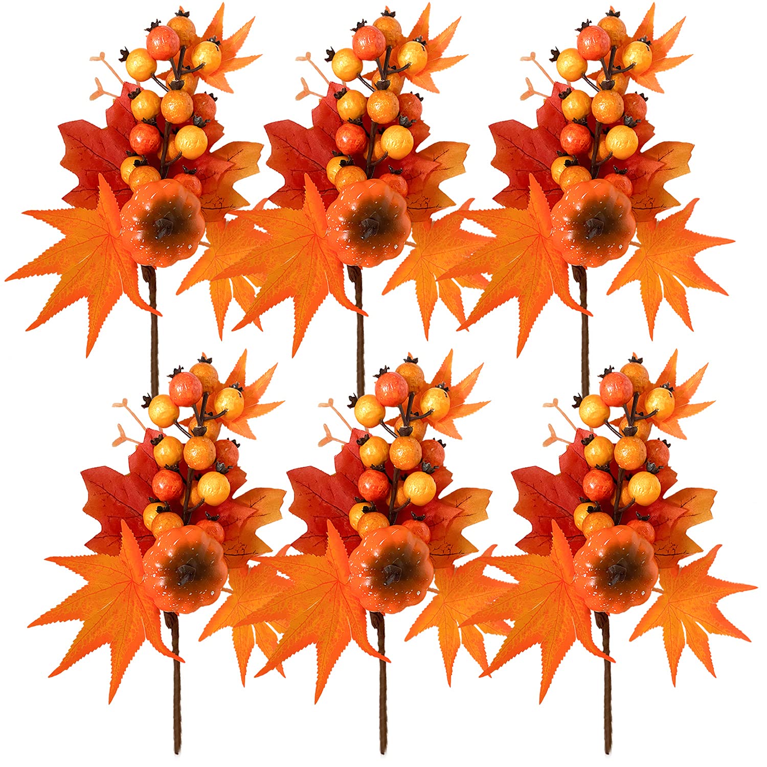 Adurself 6 Pack Fall Stems Artificial Berry Picks Fall Picks with Pumpkin Maple Leaves Branches Decorations for Harvest Autumn T