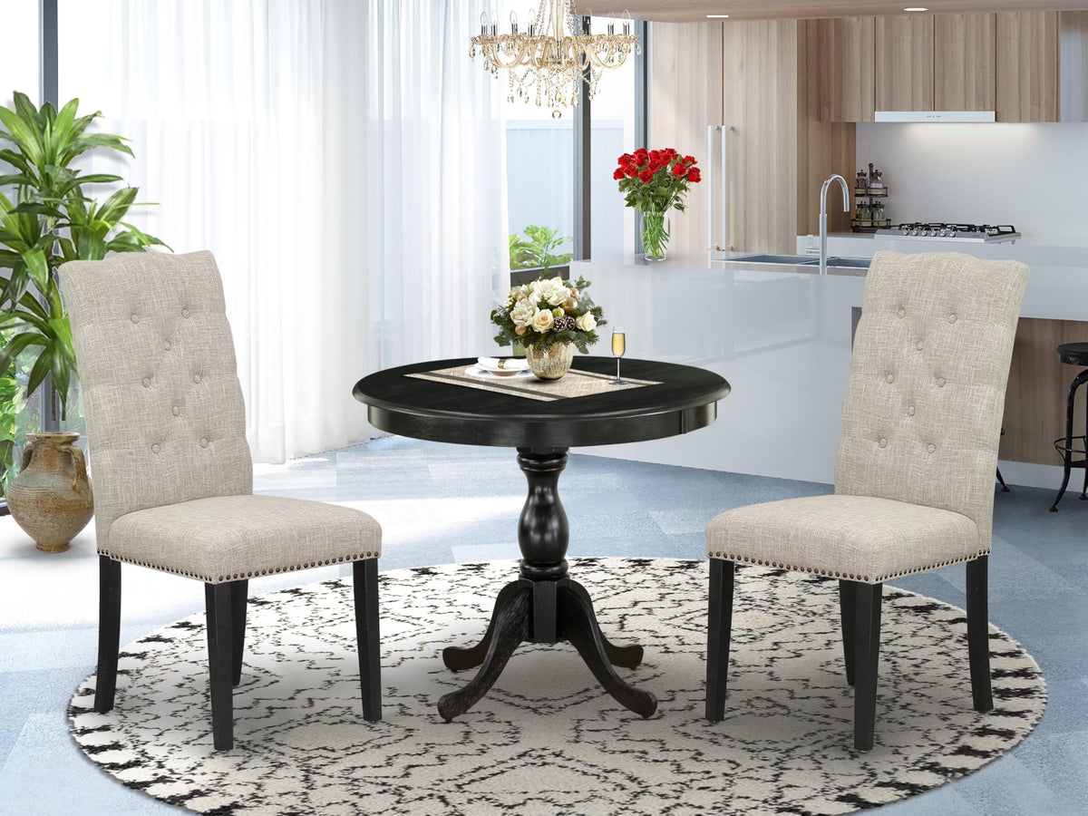 East West Furniture AMEL3-ABK-35 3 Piece Kitchen Table & Chairs Set Contains a Round Dining Room Table with Pedestal and 2 Doeskin Linen Fabric Upholstered Chairs, 36x36 Inch, Wirebrushed Black