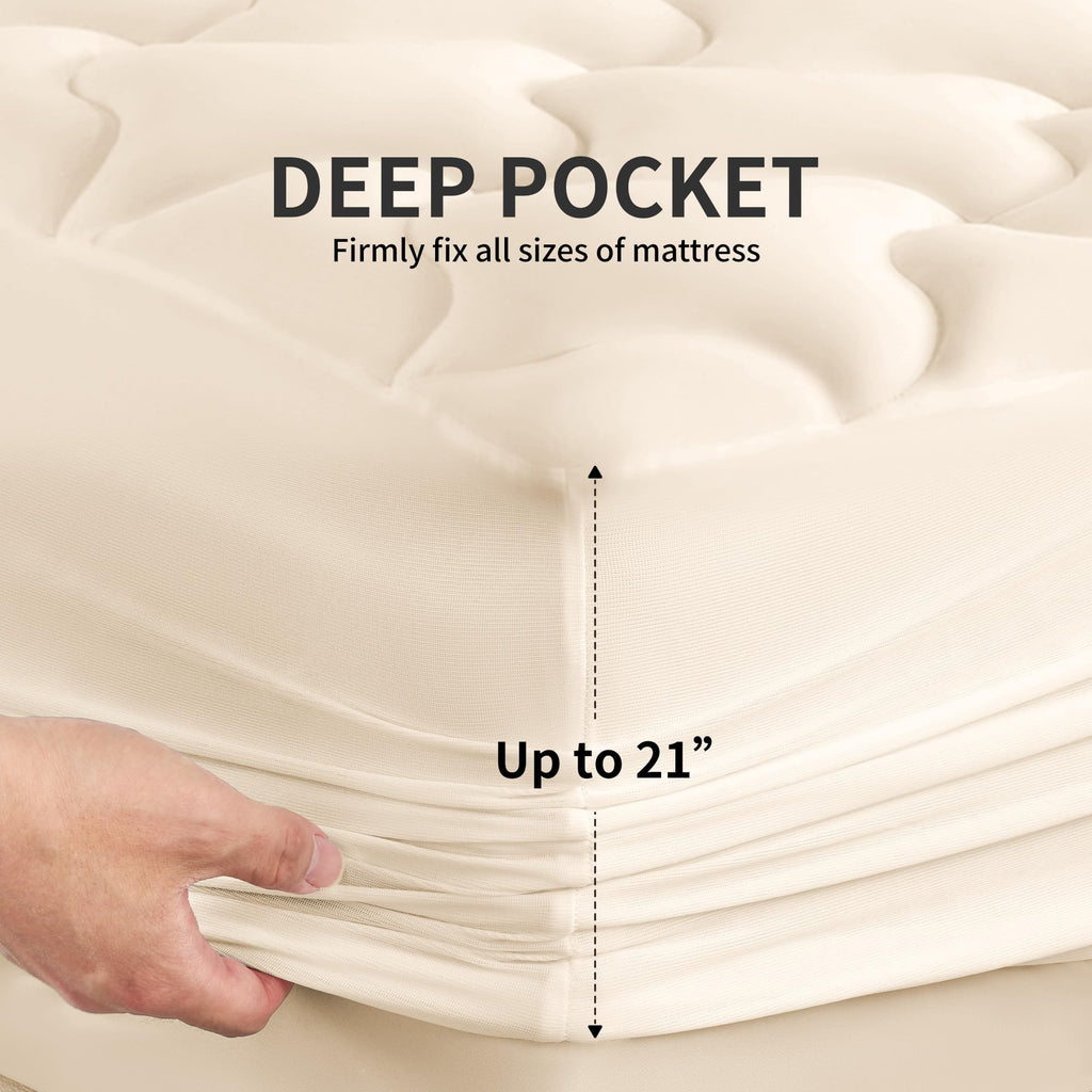 Sleep Zone Full Size Soft Mattress Pad, Quilted Fitted Mattress Cover For Bedroom, Fluffy Down Alternative Mattress Protector, Deep Pocket 8~21 Inch, Machine Washable (Beige, Full)