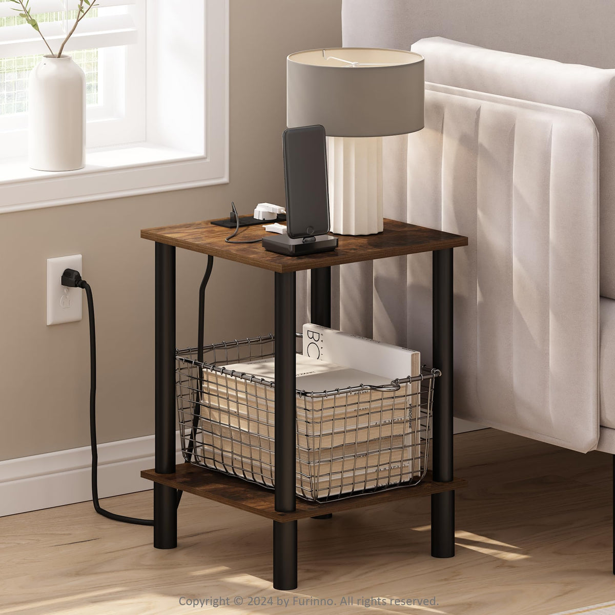 Furinno Turn-N-Tube 2-Tier Side Table, End Table with USB and Type-C Charging Port, Amber Pine/Black