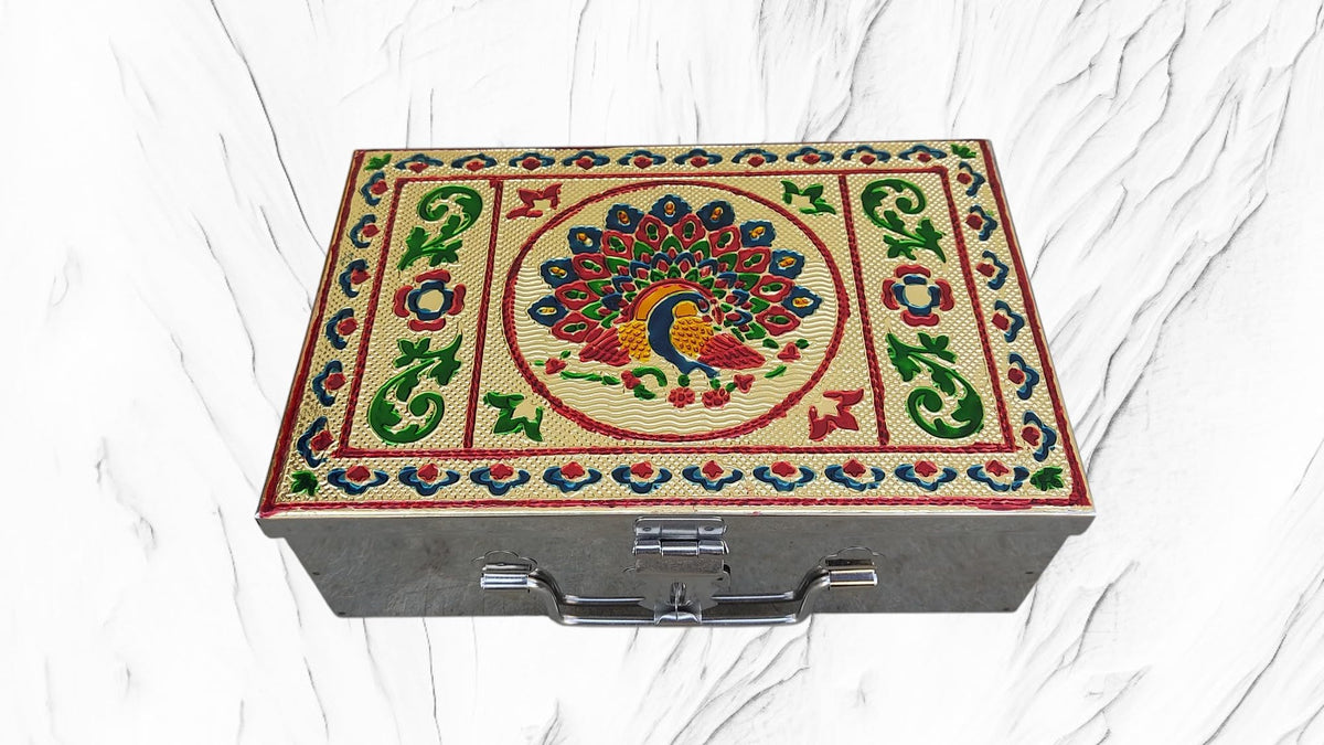 GvanyS Stainless Steel Storage Box, With Handicrafts Digital Meenakari Laser Print Design 9 inch (Size. W23 cm, H7 cm, L15 c