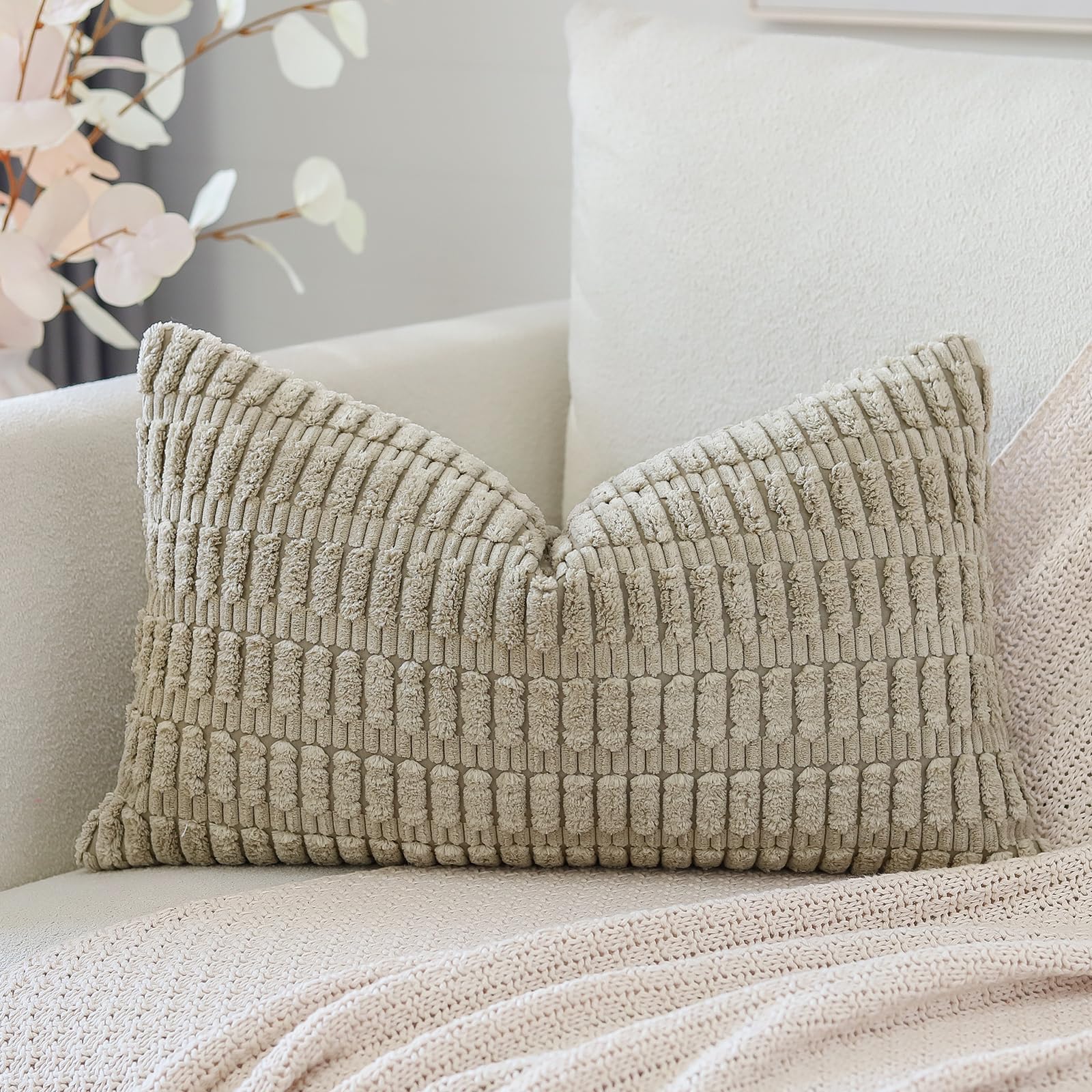 Otostar Corduroy Decorative Throw Pillow Covers 12X20 Inch Super Soft Boho Striped Rectangle Pillow Covers Case Modern Cushion Covers For Sofa Couch Bedroom Car Decor Khaki