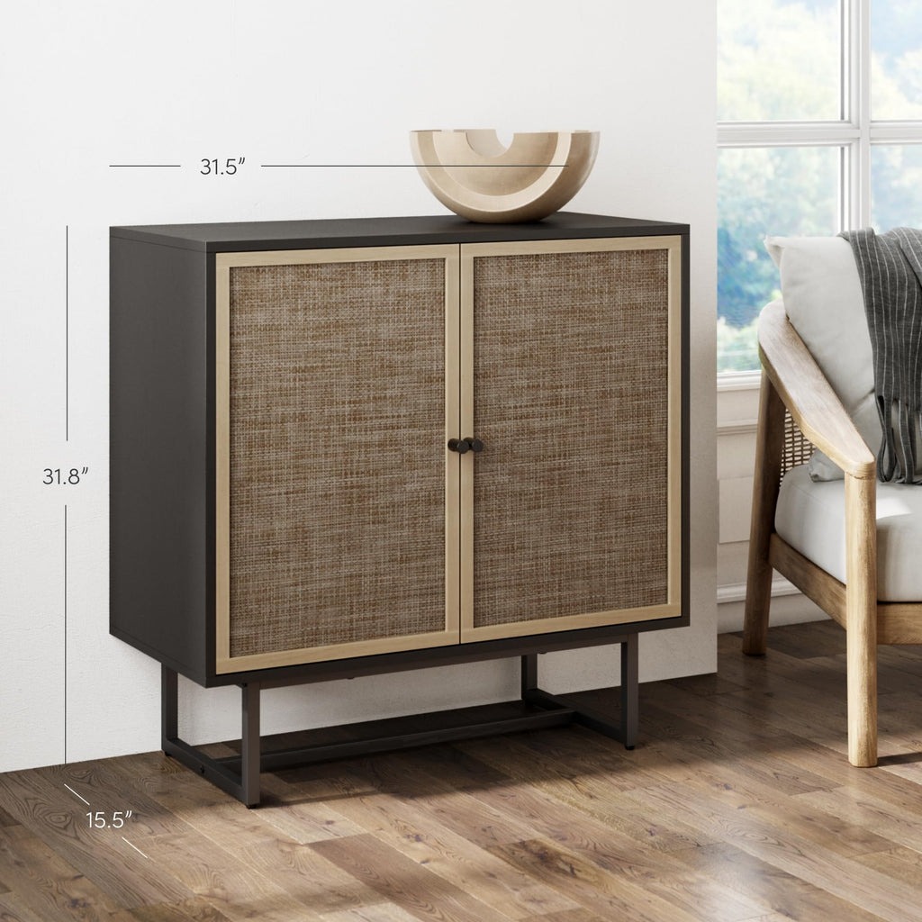 Nathan James Kova Rattan Wood Accent Sideboard Storage Cabinet Console Table With Metal Frame, Adjustable Shelves And Cane Doors, For Hallway, Entryway Or Living Room, Black Oak/Cane, Set Of 3