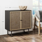 Nathan James Kova Rattan Wood Accent Sideboard Storage Cabinet Console Table With Metal Frame, Adjustable Shelves And Cane Doors, For Hallway, Entryway Or Living Room, Black Oak/Cane, Set Of 3