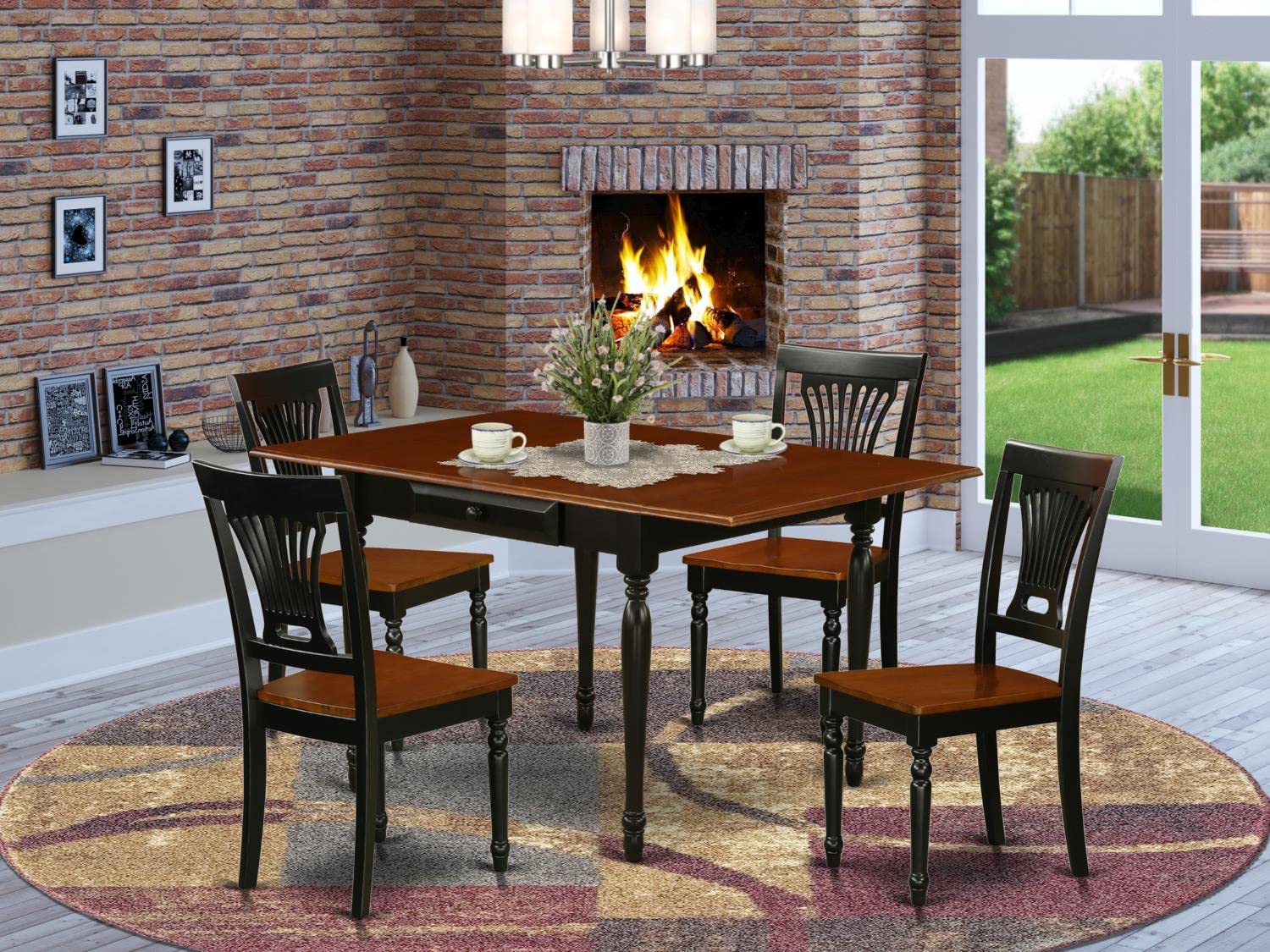 East West Furniture - MZPV5-BCH-W- 5 -Piece Kitchen Table Set- A Wooden Table and 4 Kitchen Chairs - Wooden Seat and Slatted Back - Black & Cherry Finish