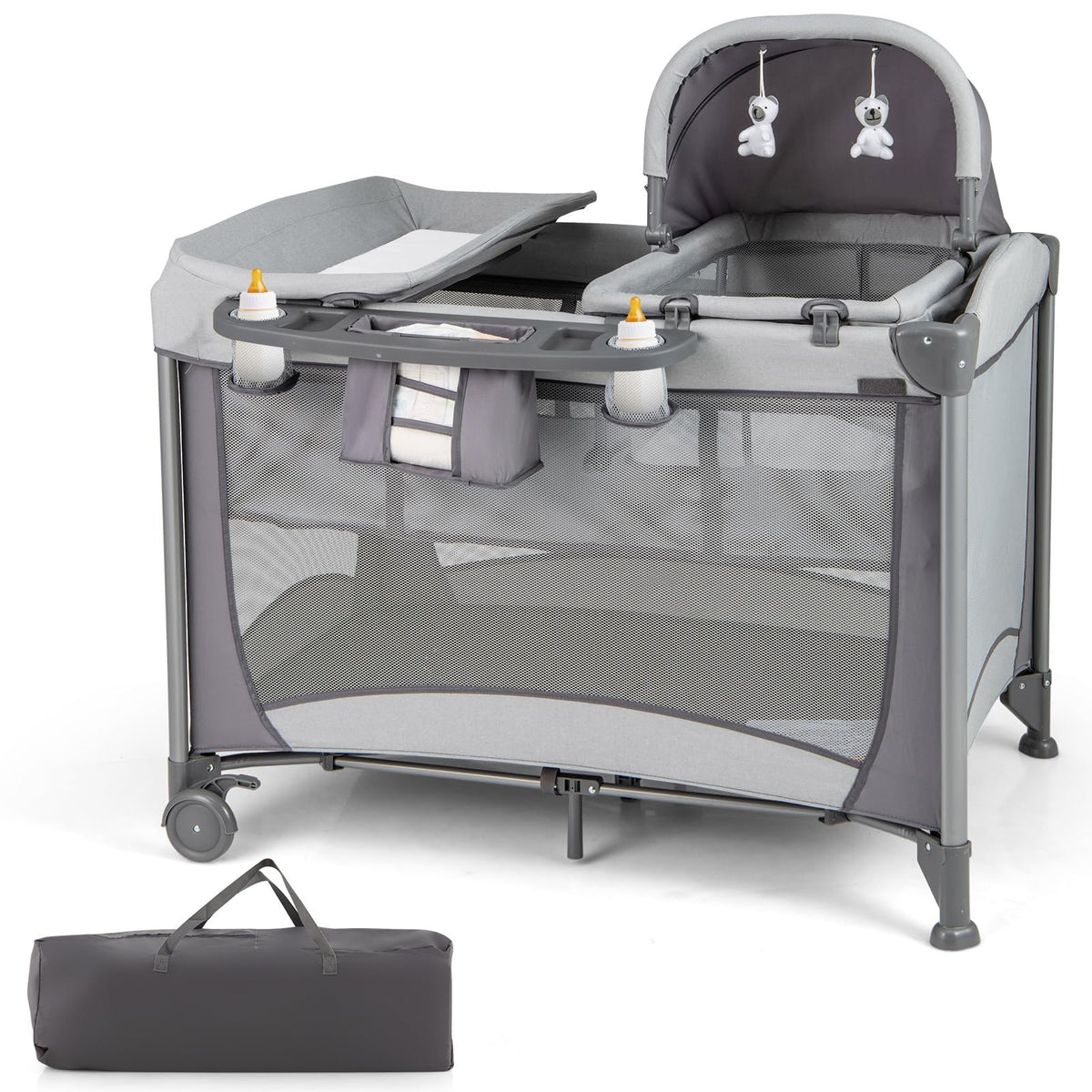 HONEY JOY Pack and Play with Bassinet, 4-in-1 Baby Playard with Changing Table & Removable Infant Full-Size Bassinet, Diaper Sto