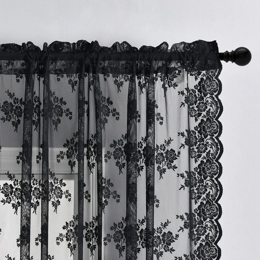 Kotile Black Lace Curtains 80 Inches Long 2 Panels Set, Farmhouse Rustic Floral Gothic Lace Curtains For Living Room, Rod Pocket