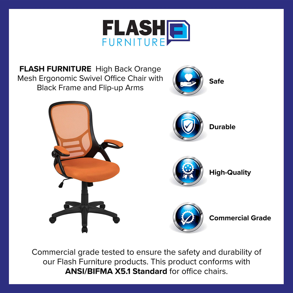 Flash Furniture Porter Mesh High Back Ergonomic Swivel Office Chair with Lumbar Support, Flip-Up Arms, Tilt Lock/Tilt Tension, Height Adjustable, Black/Black Frame