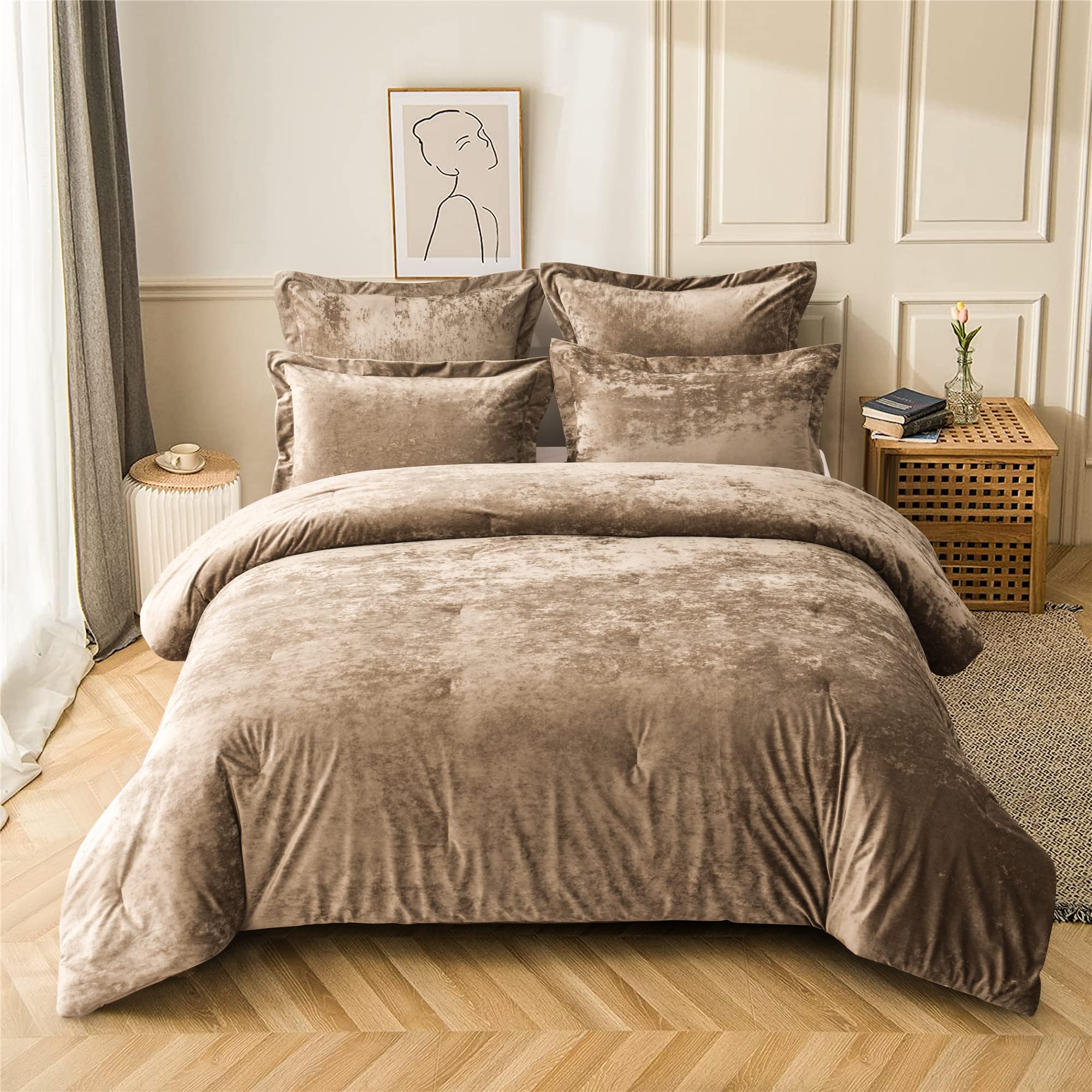 Fredsure Distressed Velvet Comforter Set, 5 Pieces Khaki Queen, Distressed Velvet Face And Brushed Microfiber Reverse