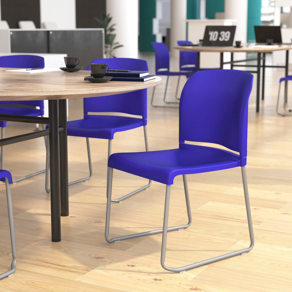 Flash Furniture Hercules Series 880 Lb. Capacity Blue Full Back Contoured Stack Chair With Gray Powder Coated Sled Base